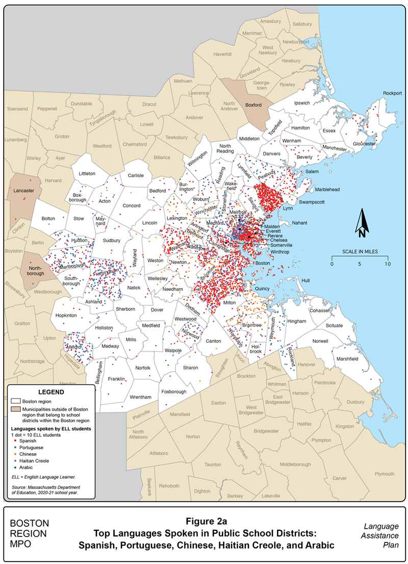 Figure 2A is a map showing the distribution of students who speak one of the top languages spoken in the Boston region’s public school districts: Spanish, Portuguese, Chinese, Haitian Creole, and Arabic.
